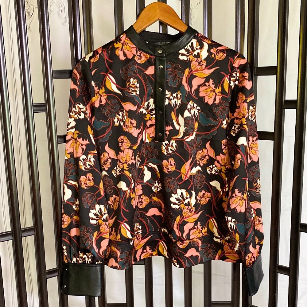 NEW Marc New York Floral Satin w Faux Leather Blouse S